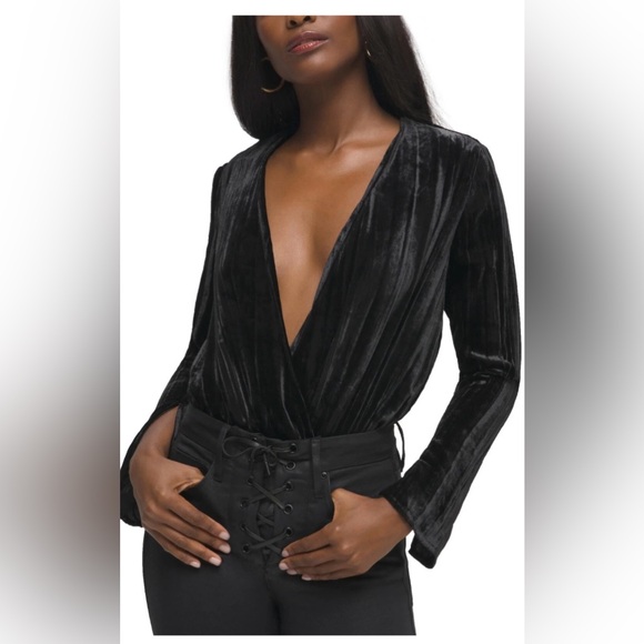 Good American Tops - Good American Velvet Long Sleeve Wrap Bodysuit-Size:1